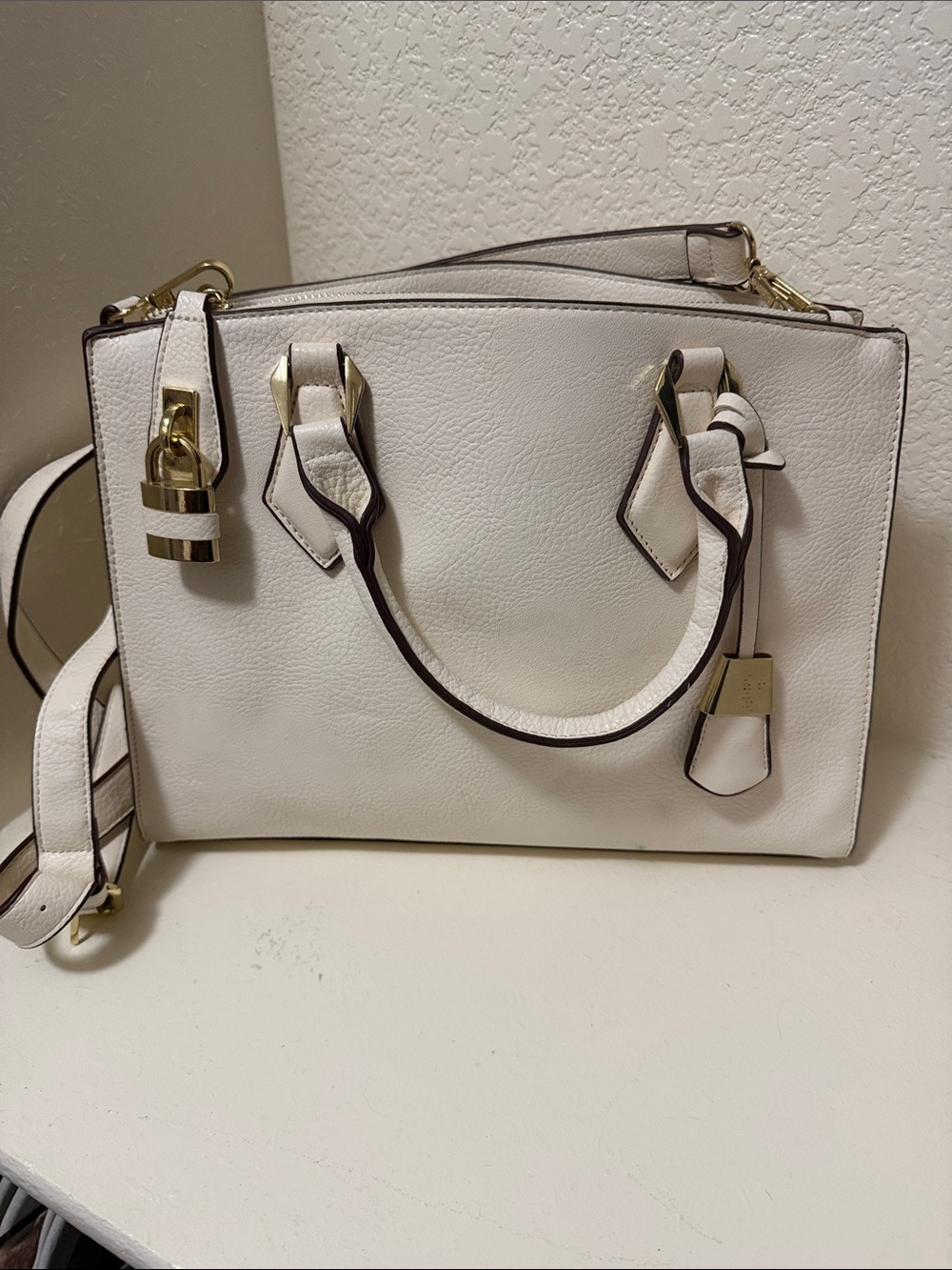 Women's White Structured Leather Satchel Handbag